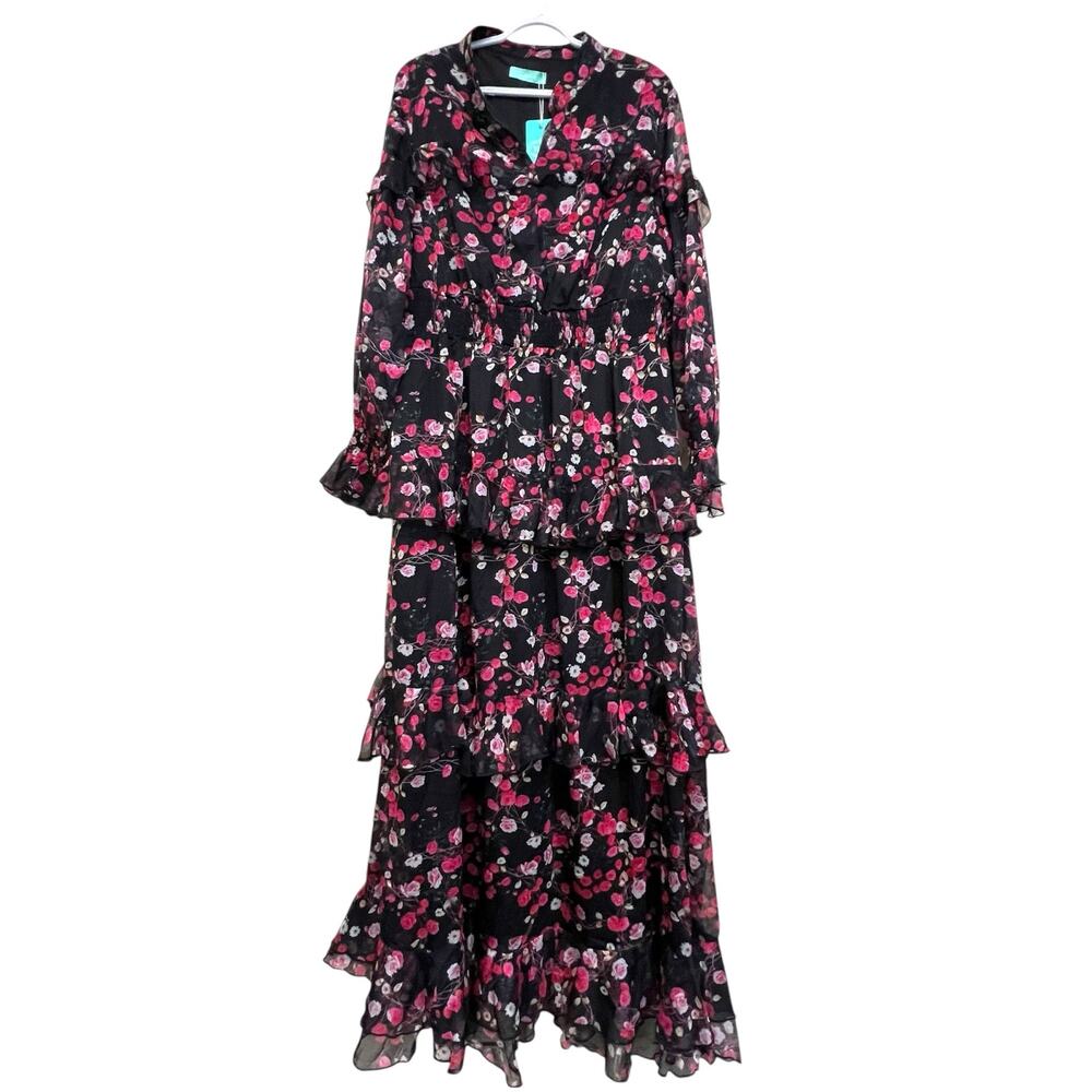 Tiered Maxi Dress Womens 3XL Black Pink Ruffle Long Sleeve Toleen NWT